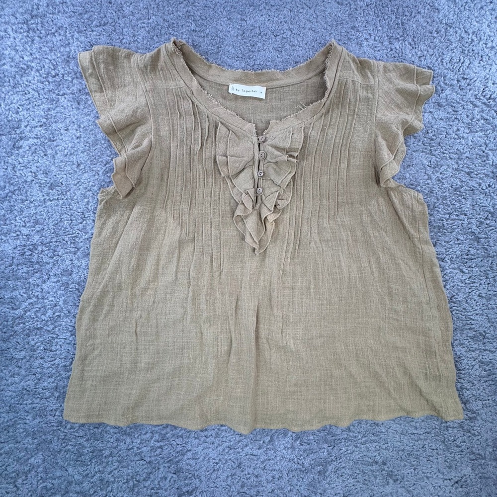 By Together Womens Tan Cotton Gauze Pintuck Ruffle Henley Blouse Med Peasant